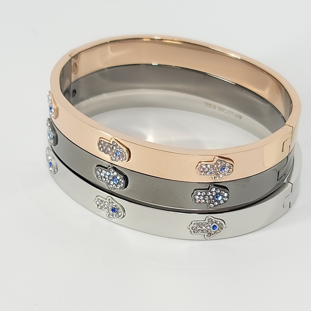 NEW Hamsa Pave CZ Stainless Steel Bangle Bracelet - Picture 5 of 10